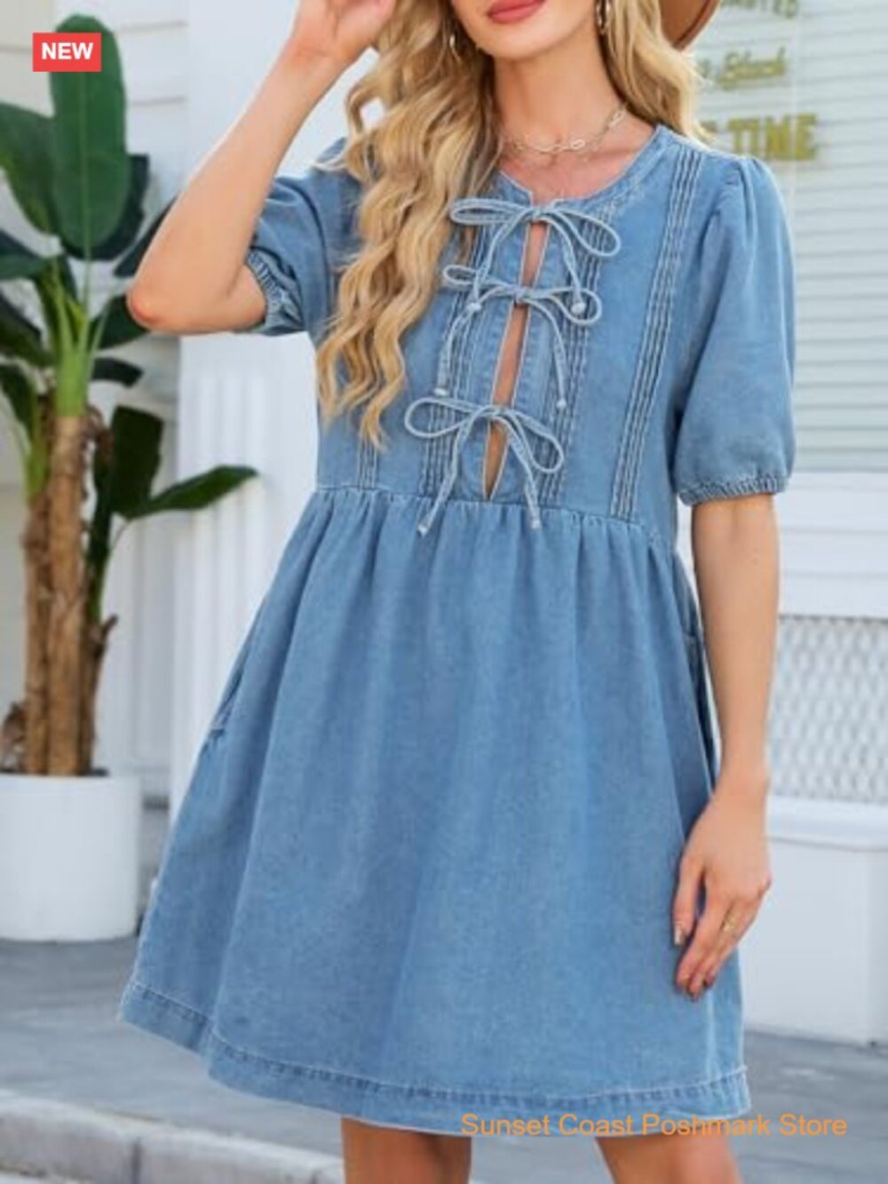 Babydoll Denim Dress Puff Short Sleeve Jean Romper Bow Tie Neckline Mini - Picture 6 of 7